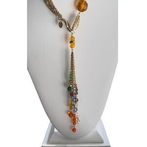 John Edwards Chakra Necklace Gold Tone Multi Strand Beaded Tassel Spiritual 24in